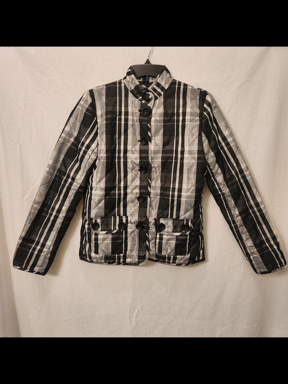 Peck & Peck Black and White Plaid Quilted Puffer Jacket